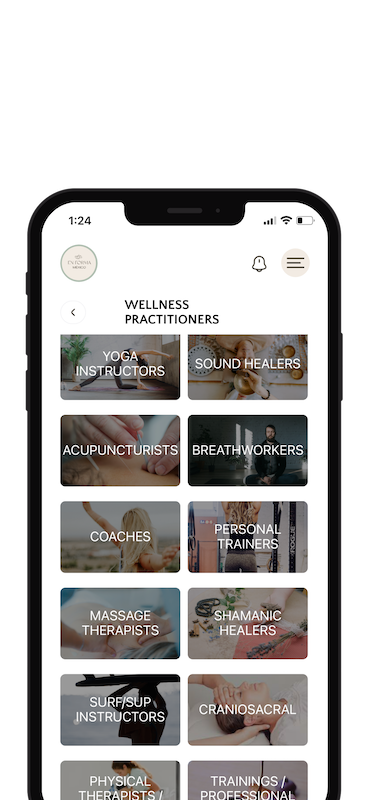 Grid view of the EnForma app’s wellness practitioner directory in San Miguel De Allende, featuring categories like yoga, massage therapy, sound healing, and holistic services for easy local discovery.