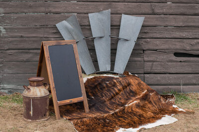 wedding decor display with cowhide rug and windmill blade