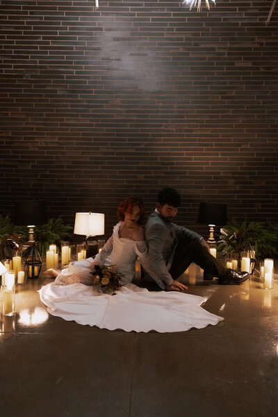 couple posed at outdoor wedding ceremony with fog