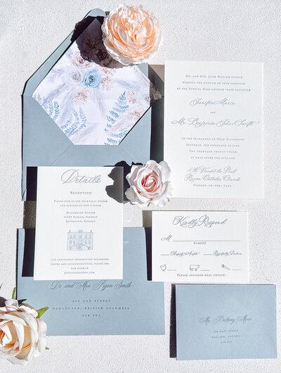 custom wedding invitation with venue sketch letterpress blue