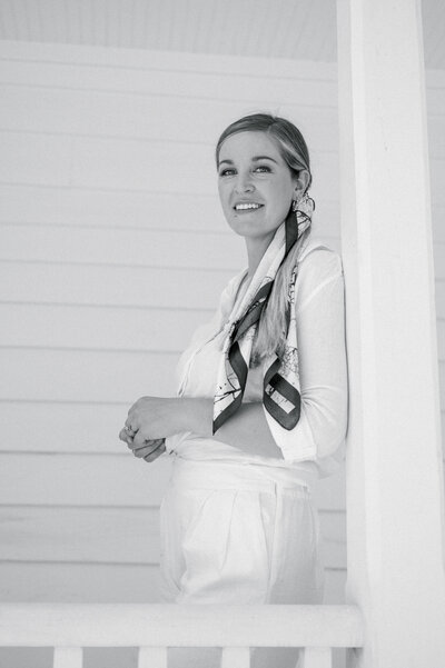Black and white portrait of destination wedding photographer Kelsey Halm