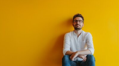 muž sedí s rukama opřenými v klíně, za ním je sytě žluté pozadí