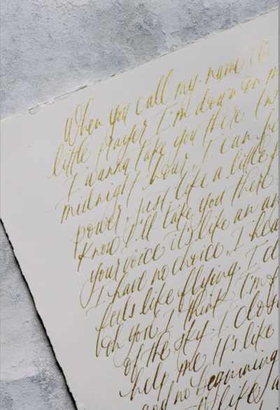 wedding calligraphy love note of "like a prayer" madonna lyrics