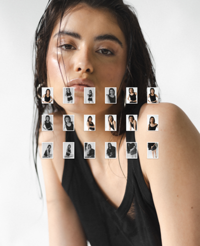 Coloured portrait of a woman with wet hair, layered with three rows of smaller photo frames showing different poses of her wearing a black tank top.
