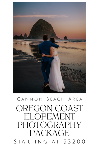 Newlywed couple at sunset on Cannon Beach, OR after eloping