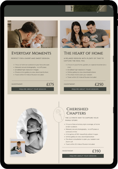 Ipad view of wedding and lifestyle photographer showit website design1