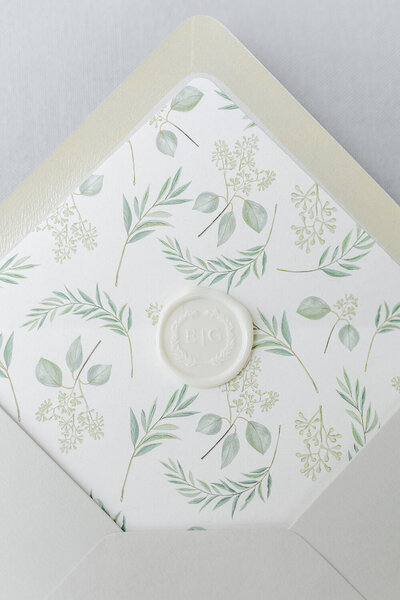 envelope liner wax seal greenery wedding invitation