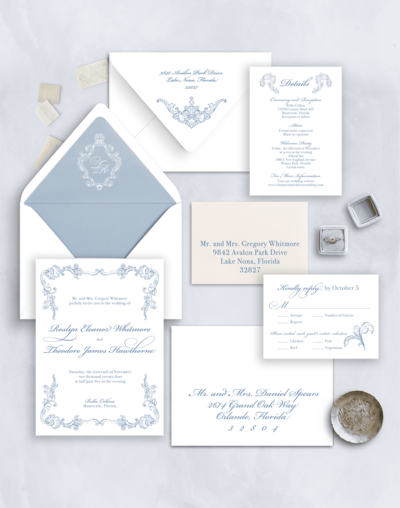 Dusty blue and white wedding invitation set