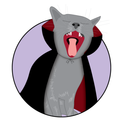 Illustration of Russian Blue cat wearing vampire costume
