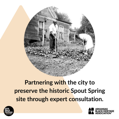 Two Black people work the land in front of a modest home—an archival image representing Spout Spring’s history and the fight to preserve its legacy.”