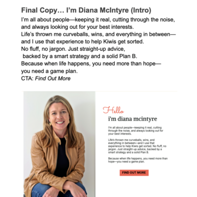 Personal brand copywriting example for insurance adviser Diana McIntyre, showcasing her AI-Gen.Studio website content and visual branding.