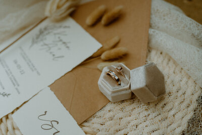 flat lay focusing on the ring box, inivitation in the background