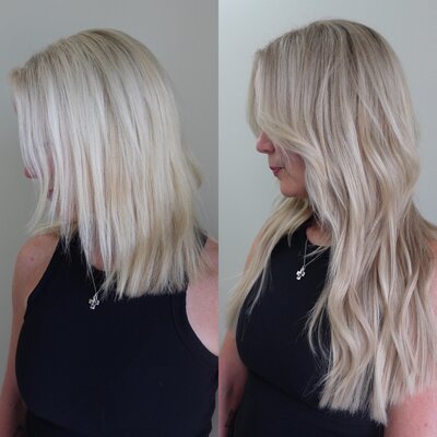 before and after of Jacqueline Redd Roberson's best blonde hand tied extensions in Madison, MS