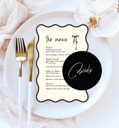 Arch menu and wave place card in big love design, neutral colours