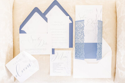 Blue and white wedding stationery