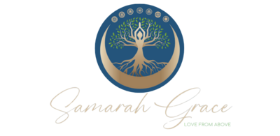 Samarah Grace logo tree with person's body  as trunk and golden moon sliver at the bottom