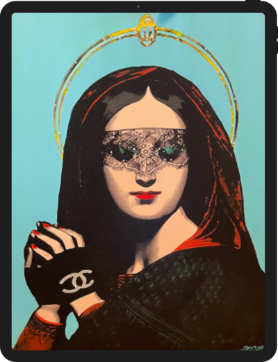 iPad mockup with an illustration of a modern Mary