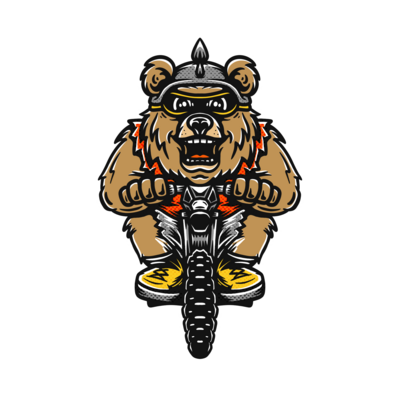 Easy-E the Dirt-E Bike bear charging forward on his e-bike