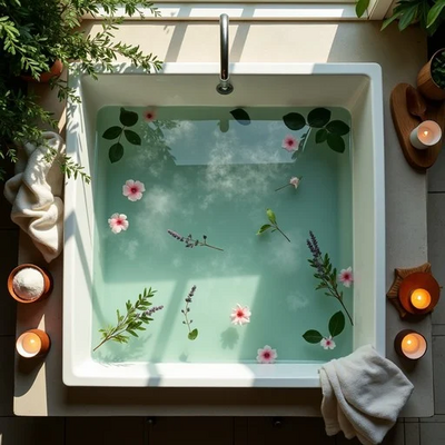 A spa tub of blue calm water and flowers for self care