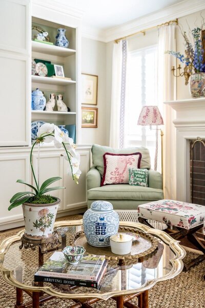 Grandmillennial home interior with floral textiles, chinoiserie accents, and traditional decor inspiring refined Southern garden and estate wedding design