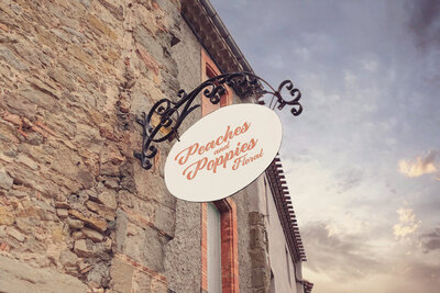 Business Sign hanging outside of storefront for flower shop
