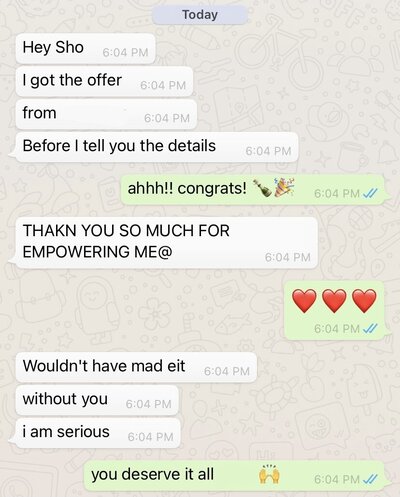 a screenshot of a text message Sho received from a client that they received a job offer