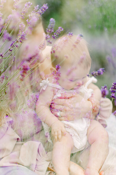 A double exposure image of a mom holding her baby and a lavender field