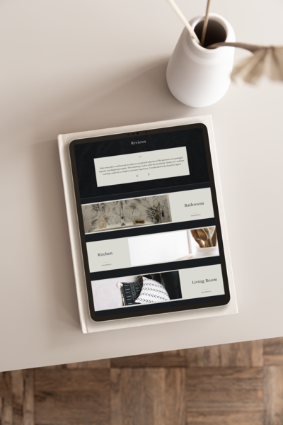 Moody  and minimalist website homepage preview on an iPad for an interior design studio