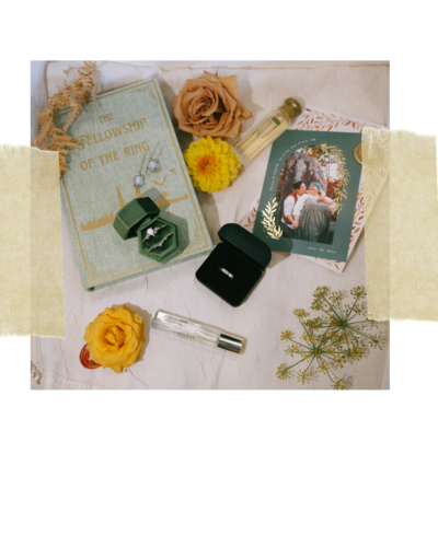 perfume, flowers, wedding ring and other items, representing design details from Oregon wedding planned by Birdie June Events and Rentals.