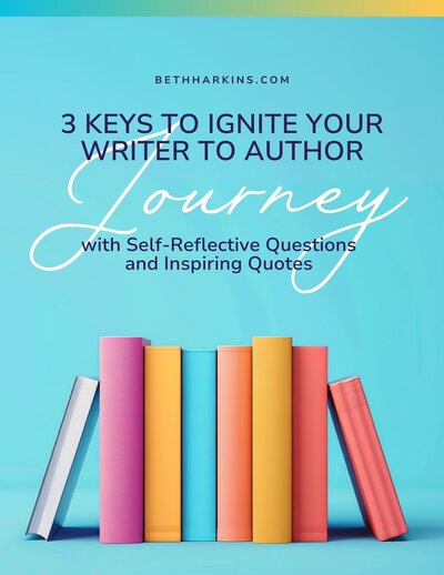 Cover of the free reflective guide: Ignite Your Sage Stage Writer to Author Journey. Blue cover with multi colored books.
