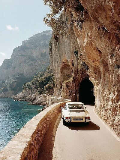 Classic Porsche hugging a winding mountain road with sparkling coastline below. Pure freedom and adventure.