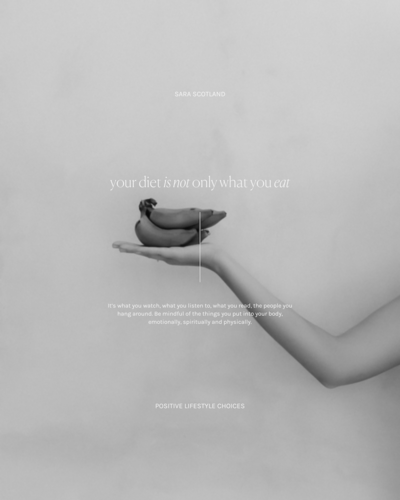 A hand holding a bunch of bananas, with overlaid text reading 'your diet is not only what you eat' and 'Positive Lifestyle Choices' in black and white
