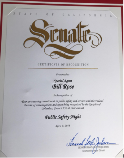 Senate award given to FBI Special Agent William Rose for work on gangs