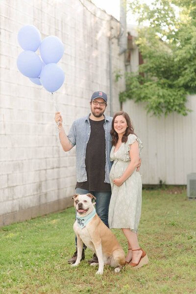 Maternity session with dog and balloons