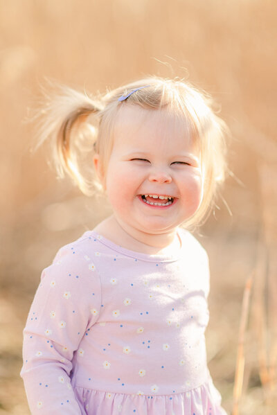 Little girl with a purple dress and pigtails hairstyle grinning at the camera