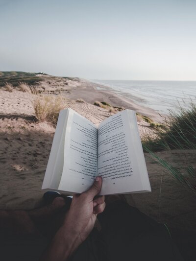 hand holding book by the ocean and the sea