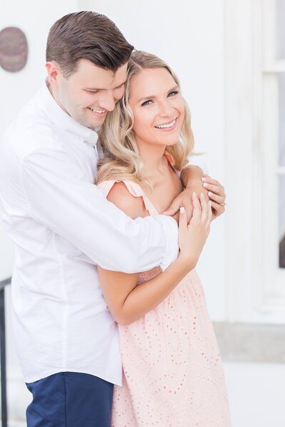 Bride and groom walk up memorial steps at their DC wedding