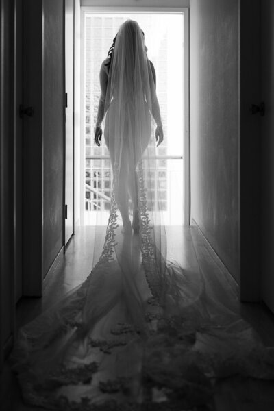 Silhouette of a woman standing in a doorway, enveloped in a translucent veil, with light streaming in from behind, creating a dramatic and ethereal boudoir scene in monochrome