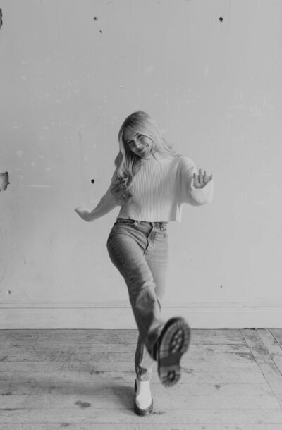 Jaydn Alexa Films Denver brand photoshoot.  Jadyn Anderson dancing and smiling towards the camera