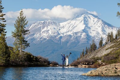 Bride and groom at Heart Lake with epic Mt. Shasta backdrop
