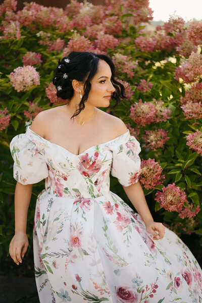 Floral print crepe de chine off the shoulder ruched bodice with pouf sleeve