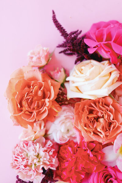 Close up image of pink, coral, and white flowers on a pink background