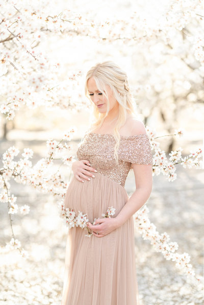 A maternity session taken by Bay area photographer shows a expecting mother caressing her baby bump in a field of almond blossoms.