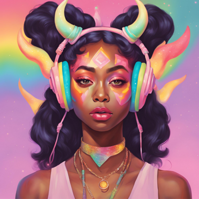 Pastel rainbow with woman wearing headphone that has horns