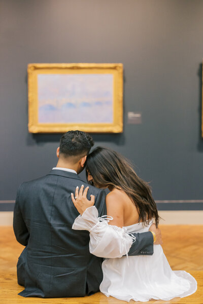 An engagement photo captured in the impressionism wing of the Art Institute of Chicago