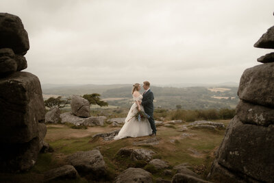 Wedding couple embracing in Dartmoor near Badgers Holt