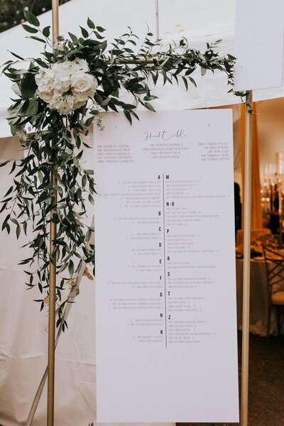 modern seating plan with greenery on gold frame