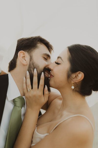 bride and groom kissing under veil