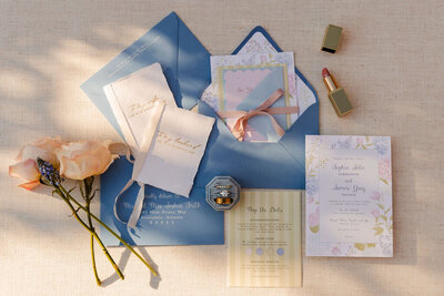 flat lay of wedding invitations at wedding venue in arizona