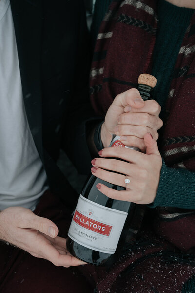 Mt Hood engagement session with snow flurries and a stunning ring. 
